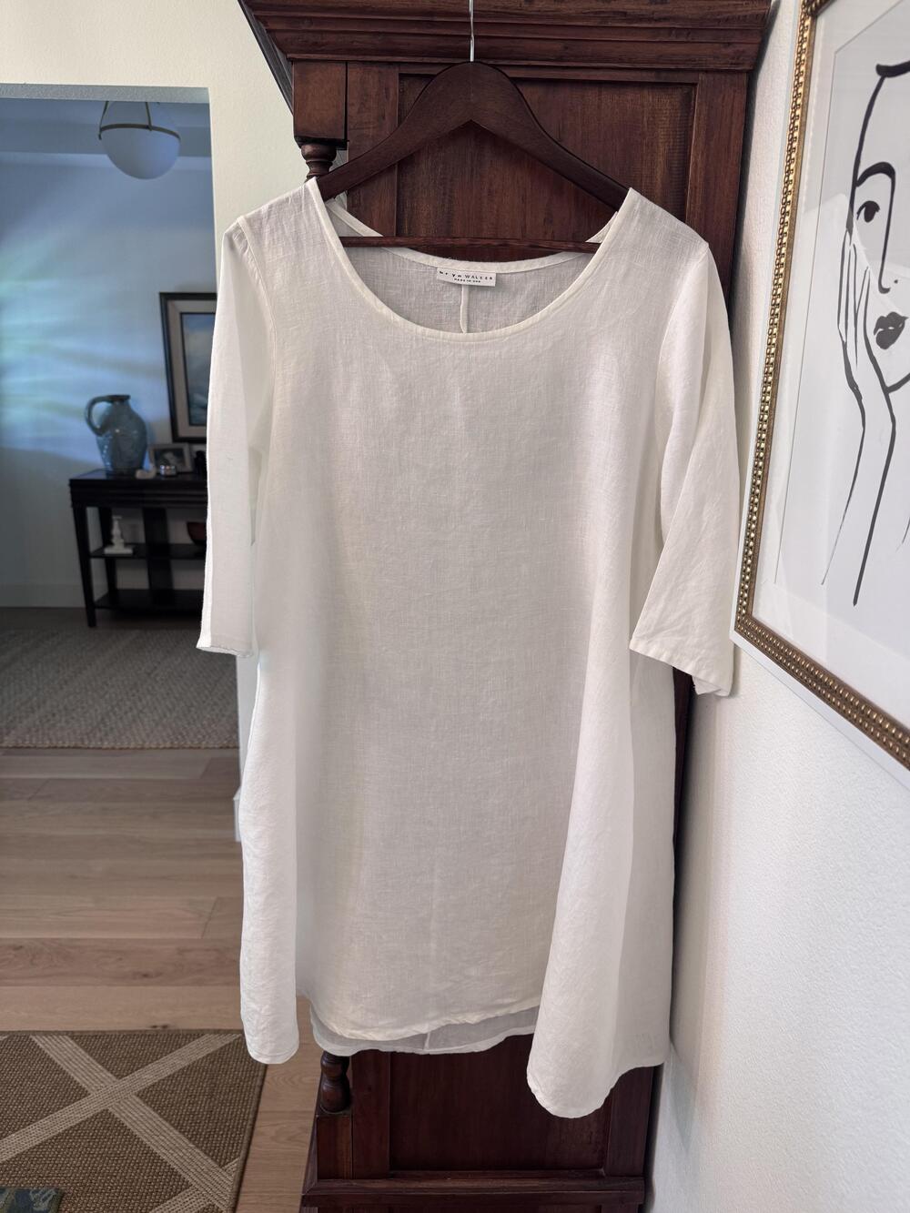 Bryn Walker Tunic Top Womens One Size White Linen 3/4 Sleeve Pockets Made USA
